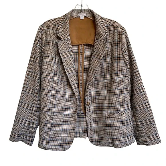 J. Jill Women's One Button Houndstooth Blazer Plaid Tigers Eye Stretch Petite M - Picture 5 of 13